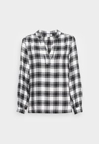 Blouse à carreaux noir et blanc avec un col en V, des manches longues et des détails froncés aux épaules ; en tissu léger.