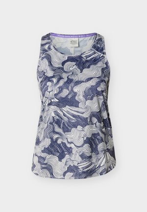 Canotta sportiva senza maniche con motivo a onde astratte in blu navy e bianco, scollatura tonda e etichetta "ASICS" all'interno del colletto.