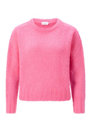 Hellrosa gestrickter Pullover mit Rundhalsausschnitt, gerippten Bündchen und Saum. Hat eine lockere Passform und eine strukturierte Webart.