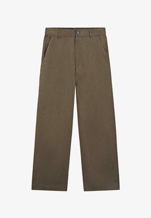 Straight-leg brown trousers with front pockets, belt loops, and a button closure at the waist.