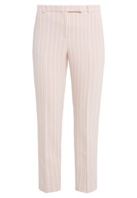 Pantalon rose clair avec des rayures verticales blanches, doté d'un devant plat, de poches latérales et d'une coupe slim, confectionné dans un tissu lisse.