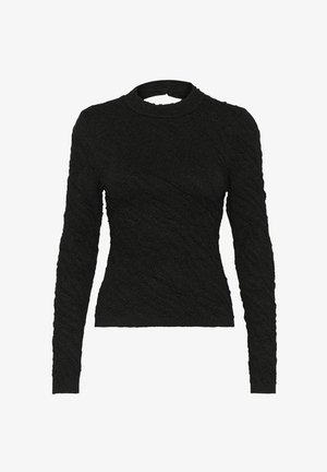 Juodas ilgomis rankovėmis viršus su tekstūruotu dizainu. Aukštas iškirpimas ir prigludusi forma, pasižyminti subtiliu žvilgesiu ir išskirtiniu išpjovimu nugaros dalyje.