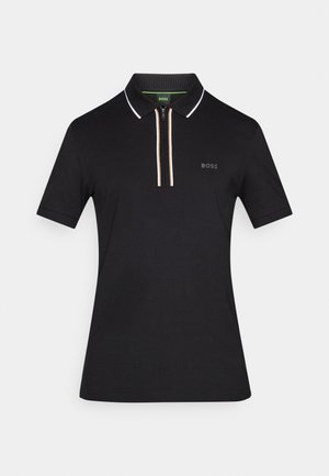 Black polo shirt with short sleeves, zippered collar featuring white and beige accents. Logo on the chest, made from smooth fabric.