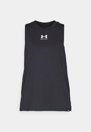 Mustamata ilma varrukat sportlik T-särk, mis on valmistatud pehmest ja hingavast kangast. Omab ümmargust kaelust ja valget Under Armouri logo rinnal.