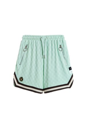 Persona rubia de pie, con camisa de gran tamaño con estampado de cachemira, pantalones cortos verde menta con ribete negro, calcetines blancos y zapatos beige sin cordones.