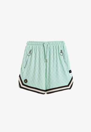 Persona rubia de pie, con camisa de gran tamaño con estampado de cachemira, pantalones cortos verde menta con ribete negro, calcetines blancos y zapatos beige sin cordones.