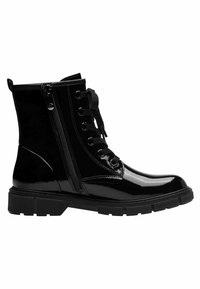 Bottines en cuir verni noir à lacets sur le devant, fermeture éclair sur le côté, semelle texturée et bout arrondi. Présentent une finition brillante et une construction robuste.