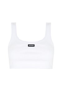 Top corto bianco a righe con scollatura quadrata e spalline sottili, con un piccolo etichetta nera con "WRSTBHVR" sul davanti.