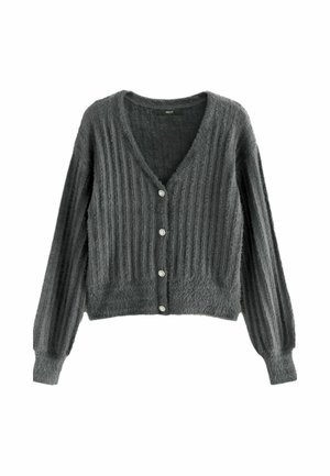 Cardigan gris foncé et doux avec manches longues, rainures verticales, col en V, et quatre boutons décoratifs sur le devant.