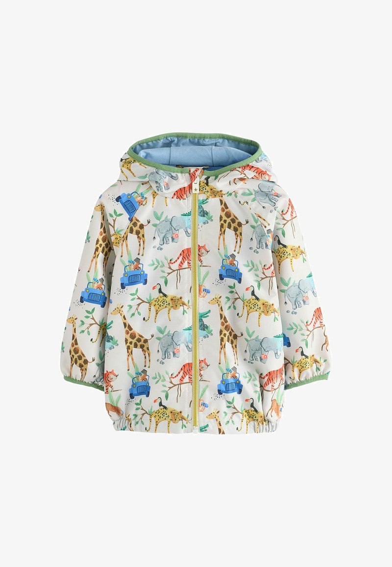 Giacca con cappuccio per bambini con cerniera con animali safari colorati e jeep blu su sfondo bianco con bordo verde.