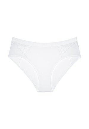 Bílé dámské spodní prádlo ve stylu bikin s krajkovými doplňky na předních stranách a hladkým pasem.