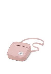 Piccola borsa a tracolla rosa realizzata in tessuto texturizzato, con tasca frontale piatta e una patch del logo bianca. Include una tracolla regolabile.