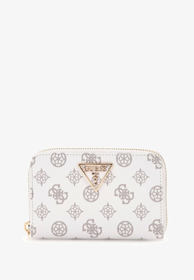 Portefeuille blanc en simili cuir avec un motif de logo gris. Doté d'un logo triangulaire en doré et d'une fermeture à glissière.