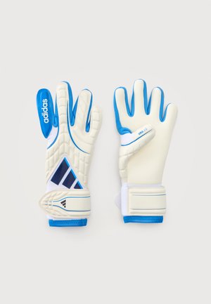 Pair of white and blue Adidas goalkeeper gloves with padded fingers and wrist straps shown flat on a light background.