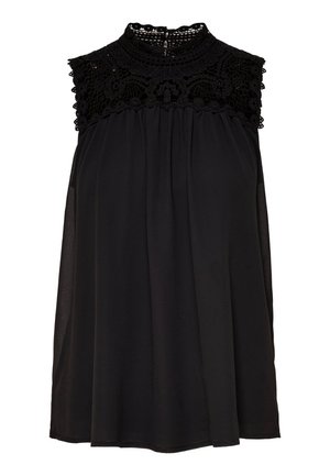 Hihaton musta paita läpikuultavasta kankaasta, jossa on korkea pitsikaulus ja pitsiyläosa olkapäiden kohdalla.