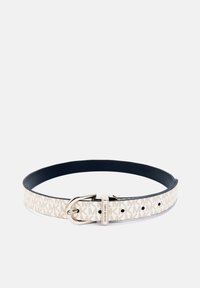 Beige leather belt with a repeating logo pattern, black inner lining, and a silver-tone metal buckle with adjustable holes.