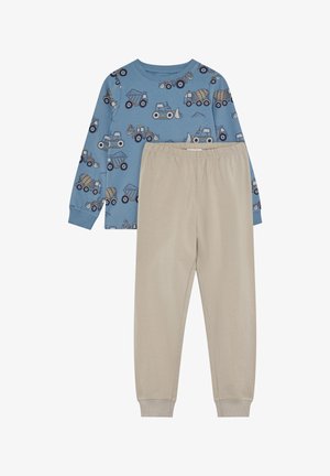 Camiseta azul de manga larga con estampado de vehículos de construcción combinada con pantalones jogger beige de cintura elástica para niños.