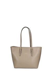 Sac fourre-tout beige en cuir lisse avec deux poignées et des accents en métal doré. Design simple, forme rectangulaire, logo minimaliste.