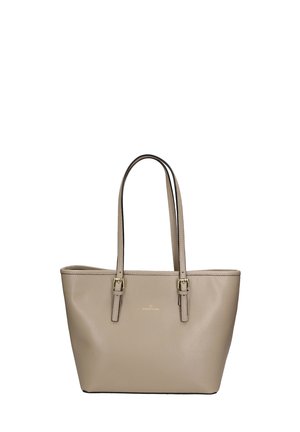 Sac fourre-tout beige en cuir lisse avec deux poignées et des accents en métal doré. Design simple, forme rectangulaire, logo minimaliste.