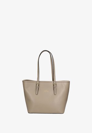 Sac fourre-tout beige en cuir lisse avec deux poignées et des accents en métal doré. Design simple, forme rectangulaire, logo minimaliste.