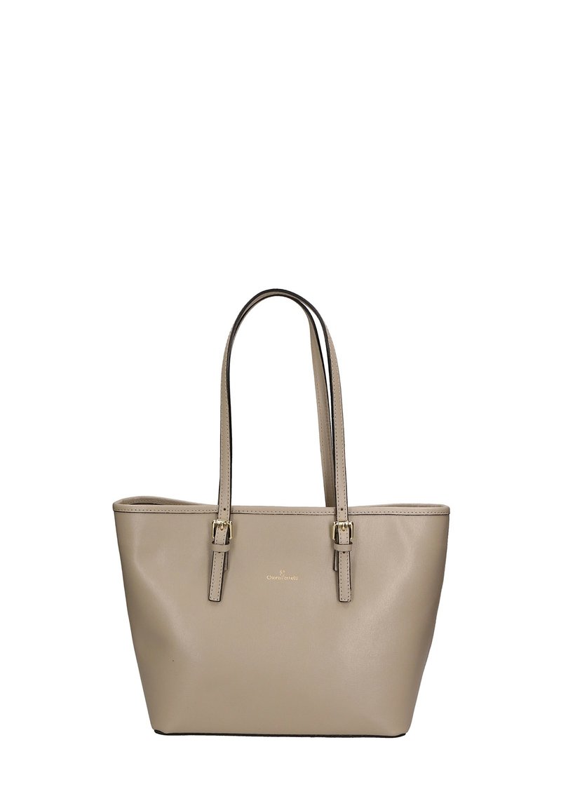 Sac fourre-tout beige en cuir lisse avec deux poignées et des accents en métal doré. Design simple, forme rectangulaire, logo minimaliste.