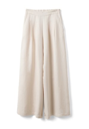 Beige wide-leg trousers with pleats and side pockets, featuring a high waist and a loose, flowing fit.