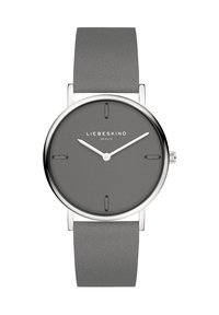 Grau Uhr mit rundem Gehäuse und strukturiertem Zifferblatt. Silberne Zeiger und Indizes. Glatter grauer Armband, der ein minimalistisches Design aufweist.