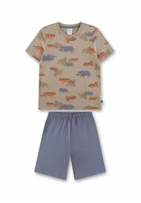 Beiges Kurzarm-Pyjama-Set mit Tiermustern in Orange und Lila. Graue Shorts mit elastischem Bund. Weicher Baumwollstoff.