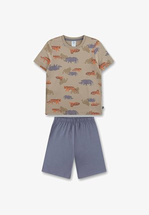 Beiges Kurzarm-Pyjama-Set mit Tiermustern in Orange und Lila. Graue Shorts mit elastischem Bund. Weicher Baumwollstoff.