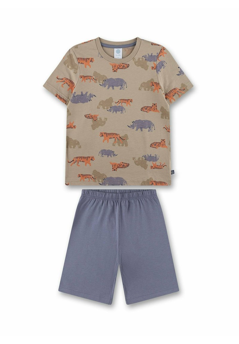 Beiges Kurzarm-Pyjama-Set mit Tiermustern in Orange und Lila. Graue Shorts mit elastischem Bund. Weicher Baumwollstoff.