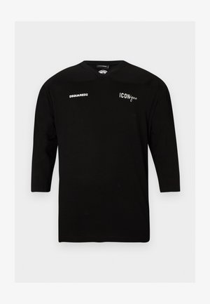 Black long-sleeve shirt with crew neckline, white "DSQUARED2" on left chest and "ICONique" on right chest text.