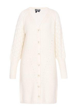Biely pletený kardigán s V-výstrihom, dlhými rukávmi a predným zapínaním na gombíky. Má textúrovaný vzor na rukávoch a voľný strih.