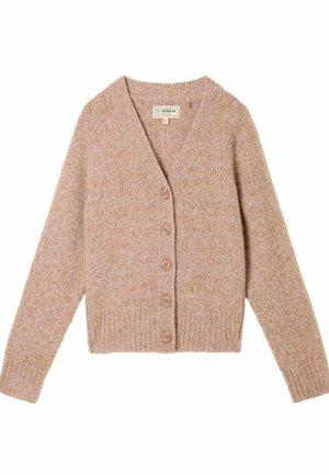 Light brown, textured knit cardigan with a V-neck, six button front closure, and ribbed cuffs and hem. Made from soft, cozy material.
