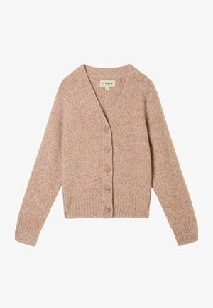 Light brown, textured knit cardigan with a V-neck, six button front closure, and ribbed cuffs and hem. Made from soft, cozy material.