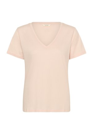 T-shirt en coton rose clair à manches courtes avec col en V, coupe simple et classique, et une étiquette "CREAM" à l'intérieur du col.