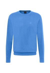 Blauer gestrickter Rundhals-Pullover mit langen Ärmeln, gerippten Bündchen und Saum, mit einem dezenten Logo auf der Brust. Glatte Textur.