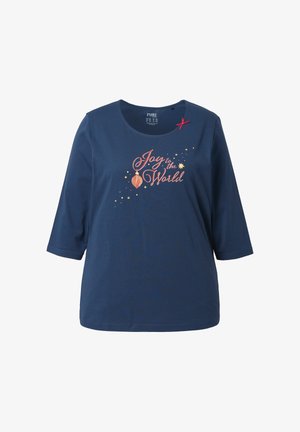 T-shirt en coton bleu marine à manches trois-quarts, avec un imprimé "Joie au Monde", des paillettes dorées et un nœud d'accent rouge.