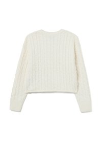 Weißer gestrickter Pullover mit einem kurzen Design, strukturiertem Muster, rundem Ausschnitt und gerippten Bündchen, aus weichem Stoff gefertigt.