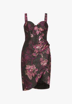 Schwarzes Kleid mit tailliertem Oberteil, floralen Mustern in Fuchsia und Gold, verstellbaren Trägern und einem Wickelrock-Detail mit Schlitz.