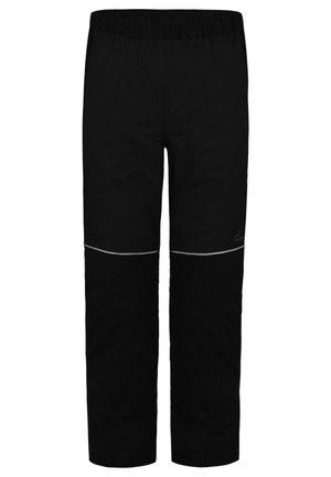 Black waterproof pants with an elastic waistband, reflective strip at knee level, and a smooth texture. Simple design without pockets.