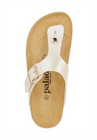 Sandal in pelle bianca con soletta in sughero marrone, hardware in metallo argentato, cinturino regolabile e logo del marchio stampato.