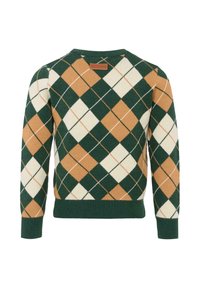 Maglione a motivo argyle verde, beige e marrone con scollo rotondo e polsini e orlo a costine. Realizzato in morbido tessuto a maglia testurizzata.