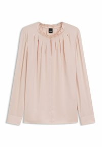 Blusa rosa chiaro realizzata in tessuto morbido, con scollatura rotonda, design plissettato sul davanti e maniche lunghe con estremità a polsino.
