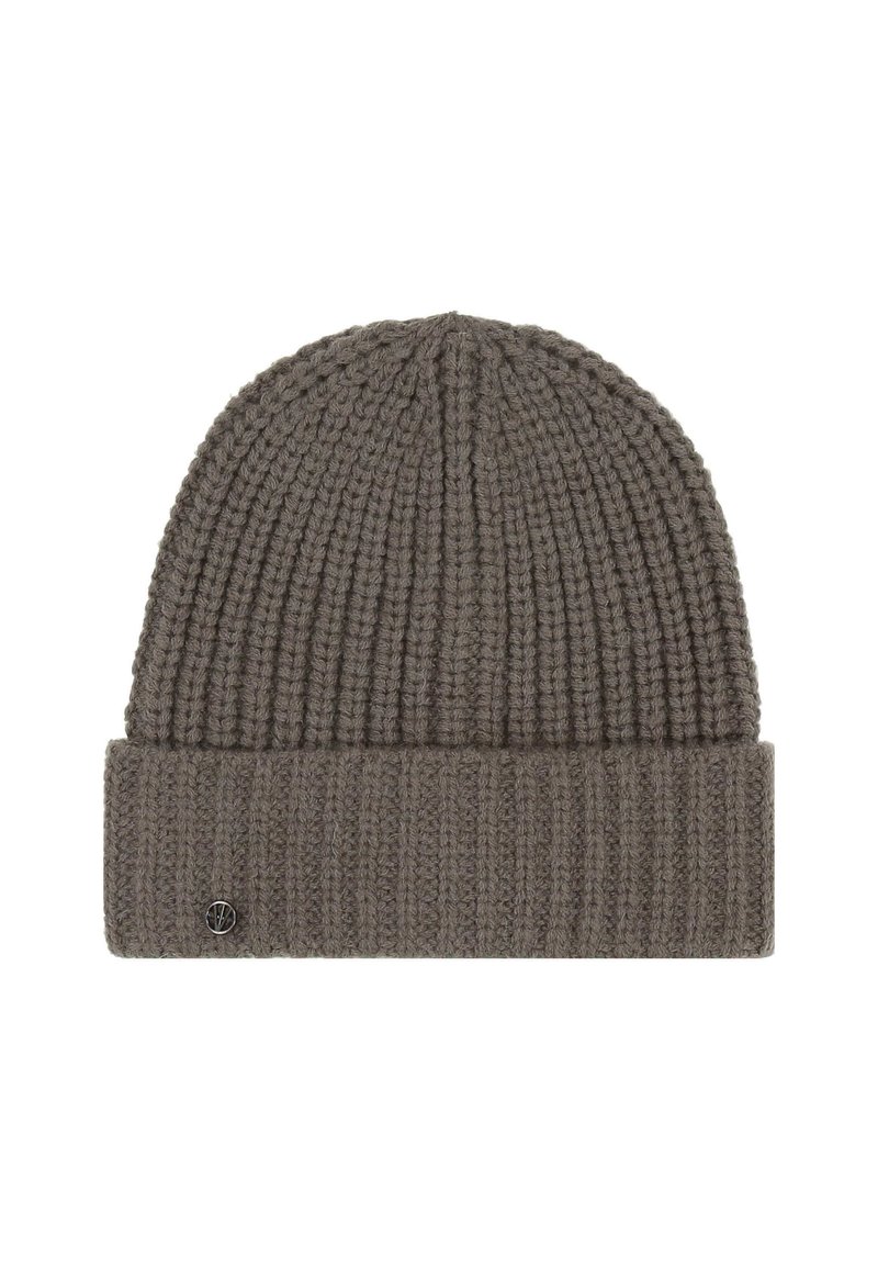 Gray ribbed knit beanie with folded cuff and small round metal logo detail on the cuff.
