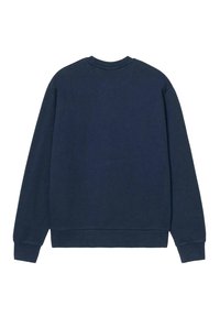 Sudadera de color azul marino con mangas largas, cuello redondeado y puños y dobladillo acanalados. Textura suave sin logotipos ni patrones visibles.