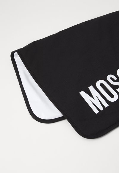 Black fabric pouch with a white print reading "MOSCHINO." The pouch has a smooth texture and a contrasting white lining.