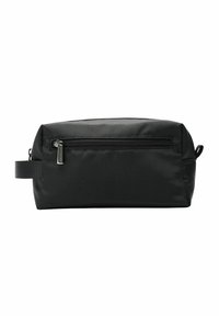 Zwarte rechthoekige toilettas van gestructureerd nylon, met een ritsluiting, handvat aan de zijkant en een subtiele voorkantzak.
