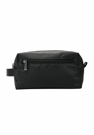 Sort rektangulær toilettaske lavet af tekstureret nylon, med en lynlåslukning, sideløkke og en subtil frontlomme.