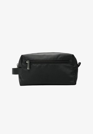 Musta suorakulmainen toilettilaukku, joka on valmistettu tekstuurista nyöriä, varustettu vetoketjuclosurella, sivukahvalla ja hienovaraisella etutaskulla.