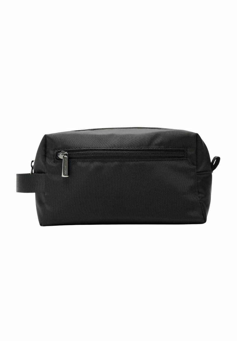 Zwarte rechthoekige toilettas van gestructureerd nylon, met een ritsluiting, handvat aan de zijkant en een subtiele voorkantzak.
